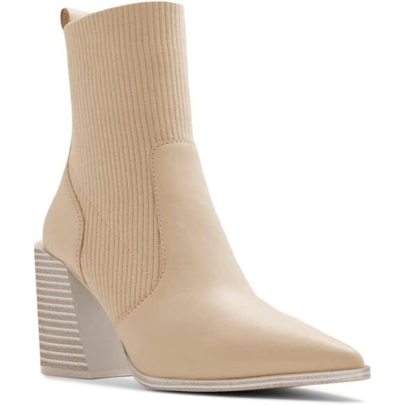 Women's Blush Chunky Stacked Heel Ankle Pointed Toe Slip On Knit Sock Boots